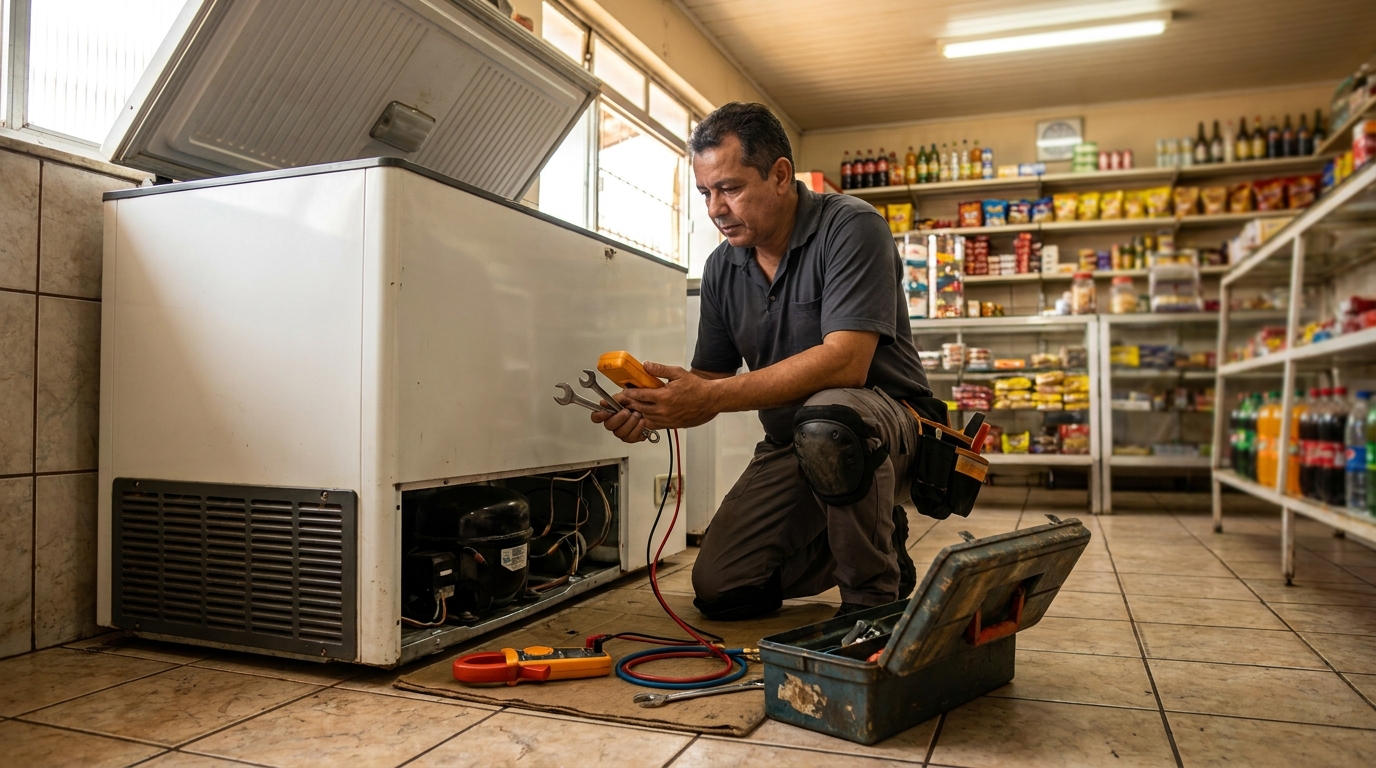 Profissional executando manutenção no motor de freezer em Salvador‑BA