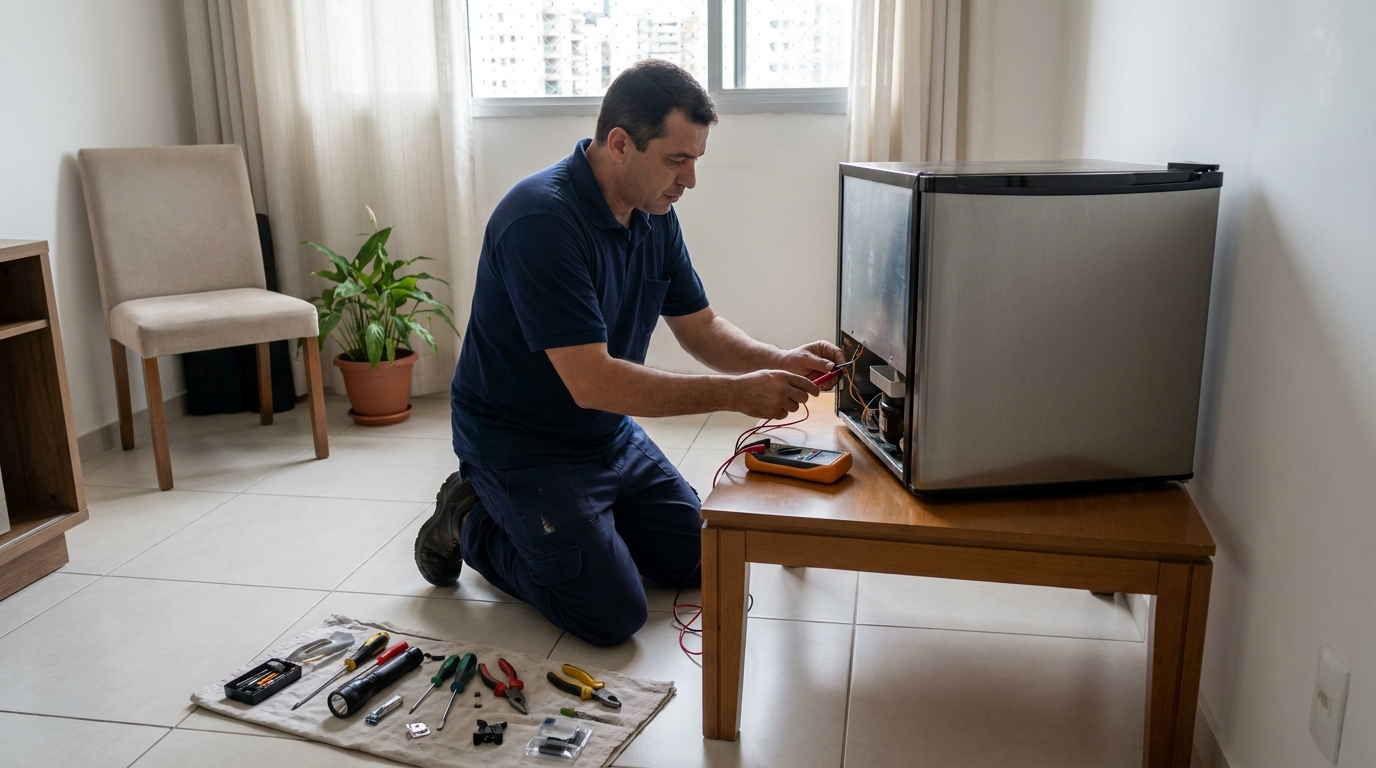 Técnico fazendo manutenção do motor de frigobar em Salvador‑BA