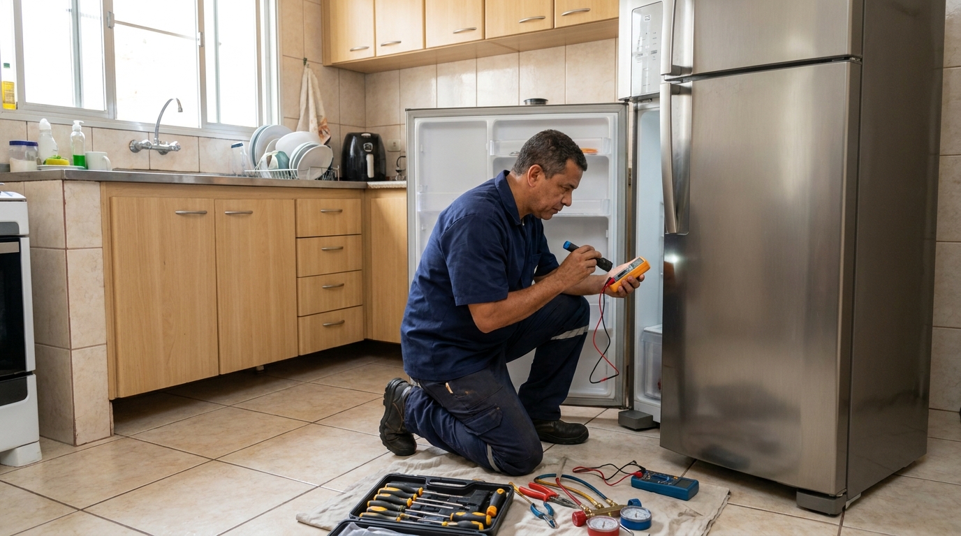 Técnico aplicando recarga de gás refrigerante em geladeira em Salvador‑BA