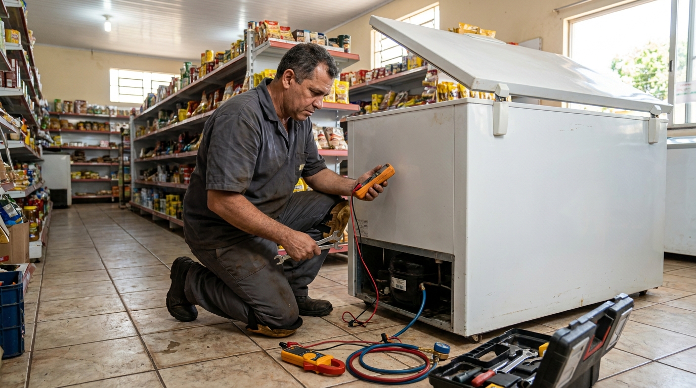 Substituição de termostato de freezer em visita técnica em Salvador‑BA